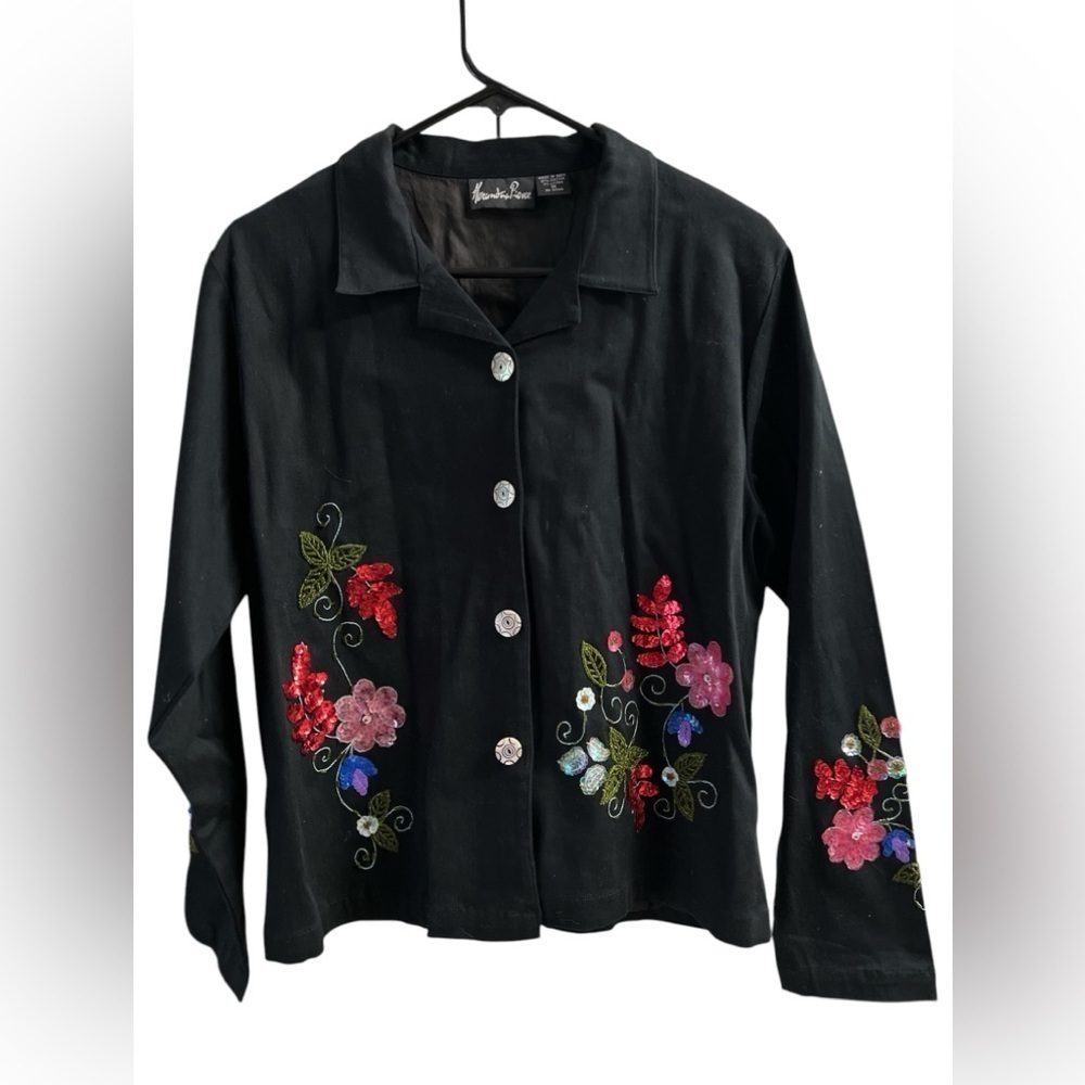 Black embroidered sequined denim jacket